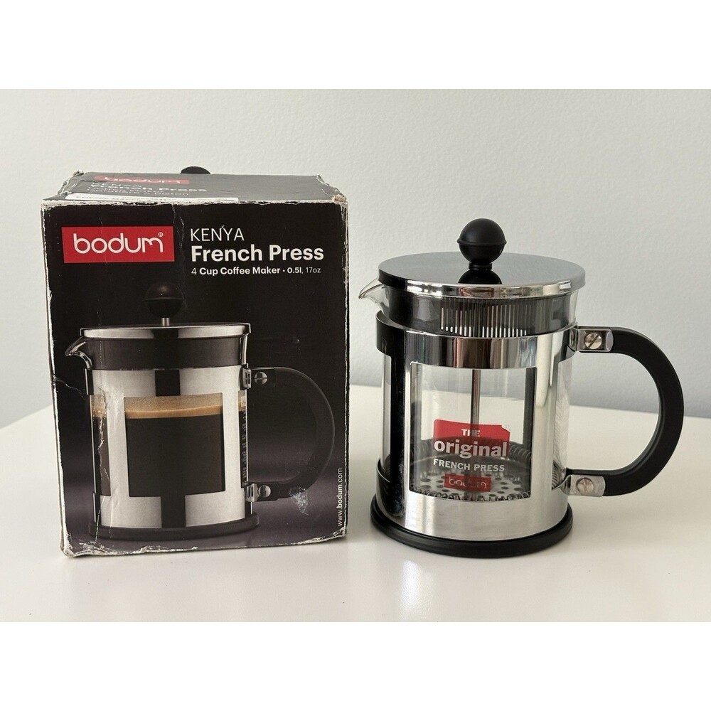 Bodum Kenya 4-Cup 17 oz Chrome French Press Coffee Maker Glass Carafe Beaker